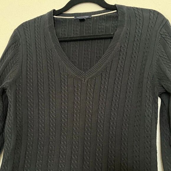 Women's Cotton Black V-Neck Ivy Sweater Made of Cable Knit size L - Picture 3 of 9